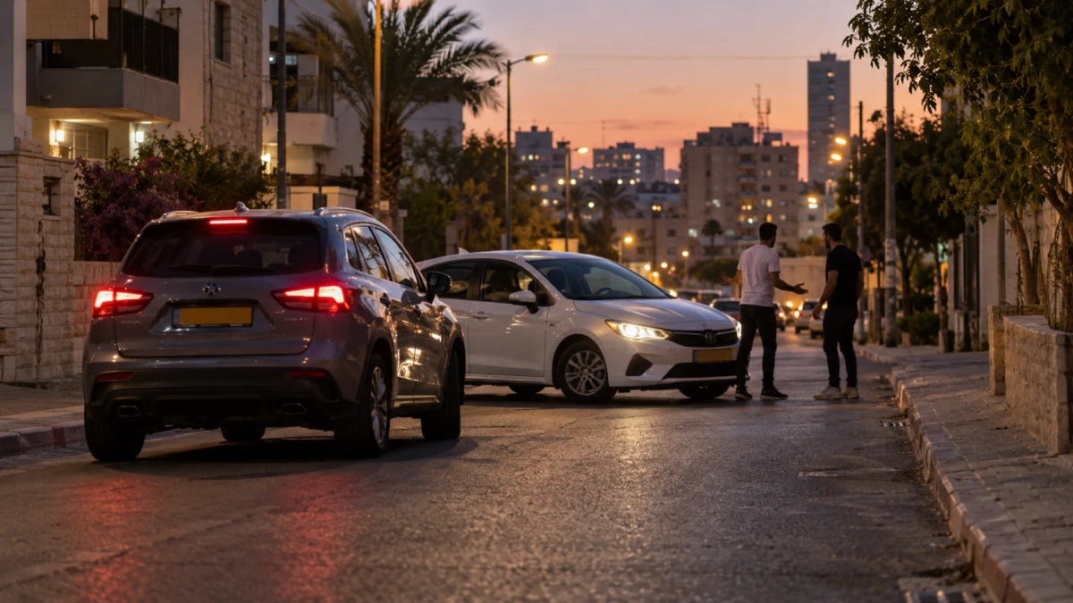 שני כלי רכב שעצרו בכביש עירוני במהלך עימות תעבורתי לילי