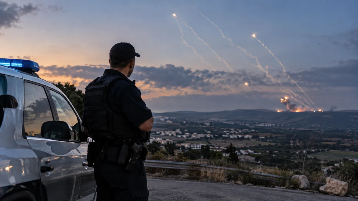 סייר משטרה עומד בשטח פתוח בצפון בזמן התרעות ונפילות מרוחקות, ללא הצגת פגיעה גופנית