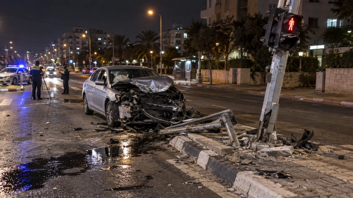 רכב פרטי פגוע עומד בכביש עירוני סמוך לגדר הפרדה ולעמוד רמזור שנפגעו, בשעת לילה