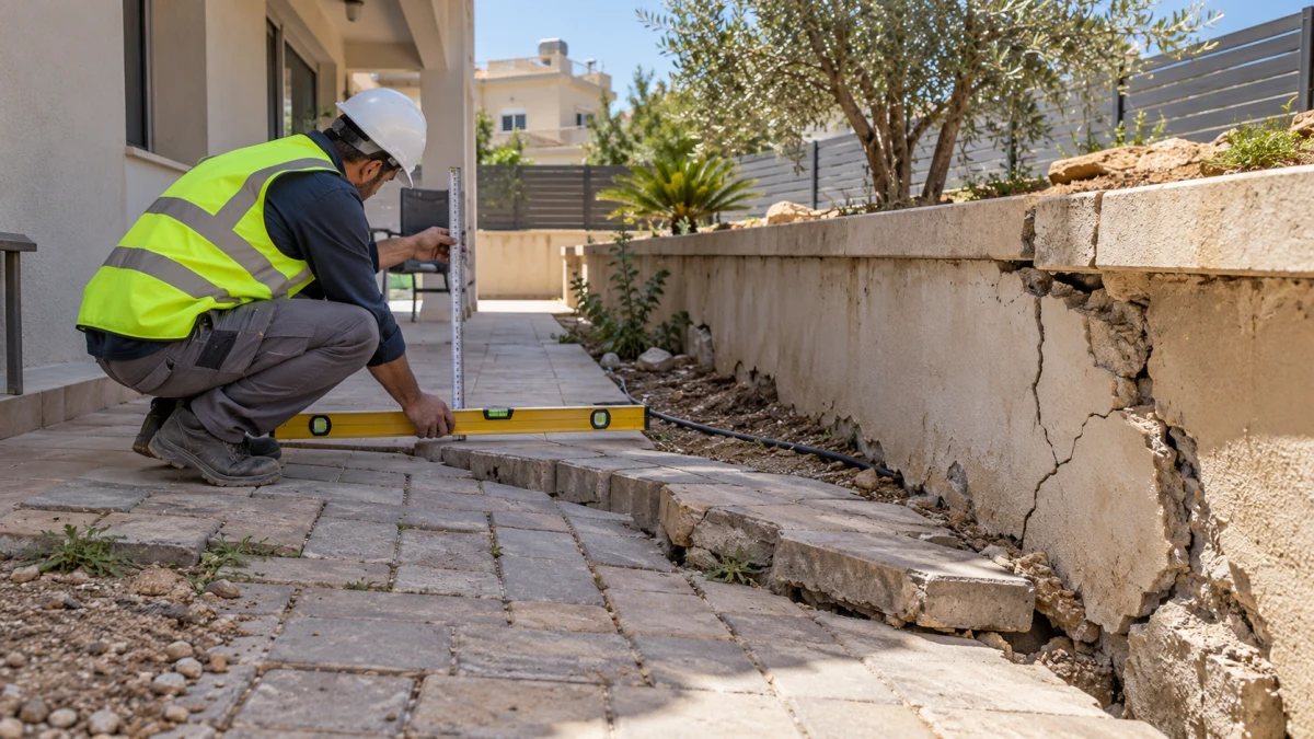 חצר בית עם ריצוף ששקע וסדקים בחומת פיתוח לצד אזור שבו נבדק הביסוס
