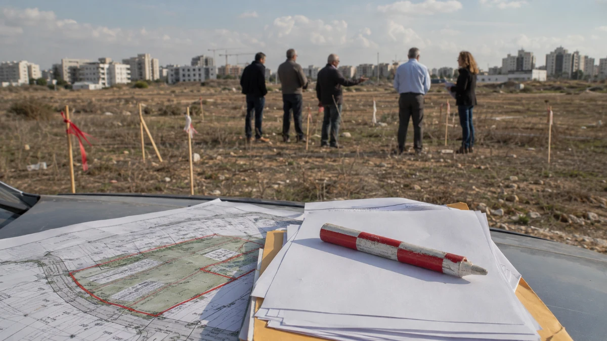 מגרש גדול ברחובות עם תכנית חלוקה לשני חלקים ומסמכי מכרז ללא פרטים מזהים