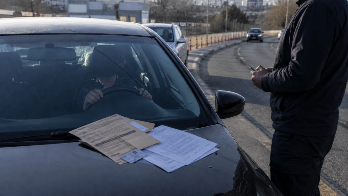 מכונית מונית עומדת לצד שלט איסור נהיגה ומסמכי פסילת רישיון, בהמחשה להליך תעבורתי