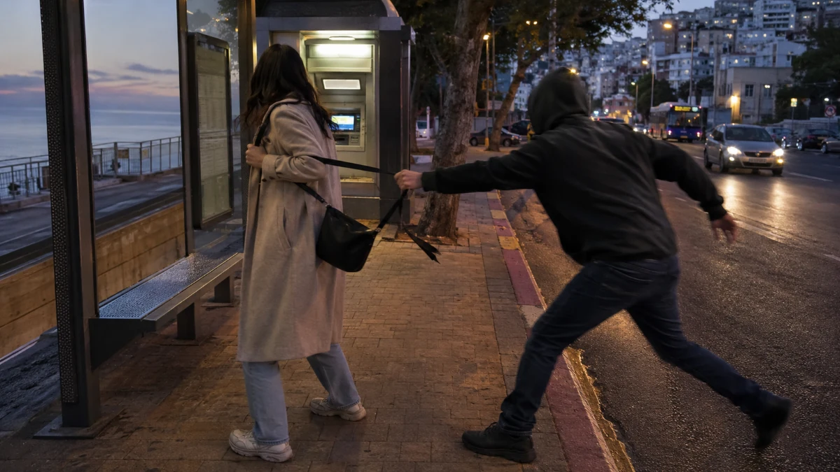 כספומט ותחנת אוטובוס עירונית בשעות הערב, בהמחשה למעקב ולגניבת תיק