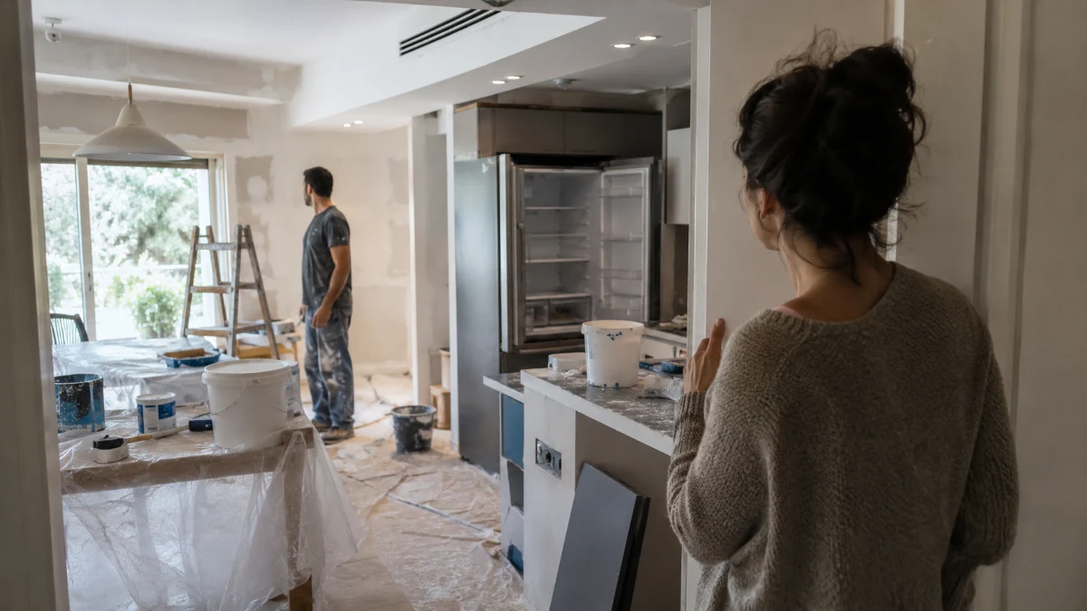 מטבח ביתי בזמן עבודות שיפוץ, ללא אנשים מזוהים, בהמחשה לזירת האירוע שנדון