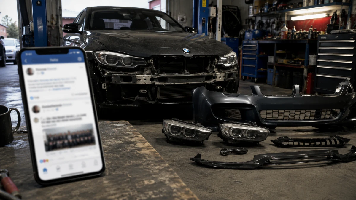 רכב BMW במוסך האשם מוטורס לאחר עבודות שדרוג, לצד טלפון המציג דיון צרכני ברשת ללא פרטים מזהים