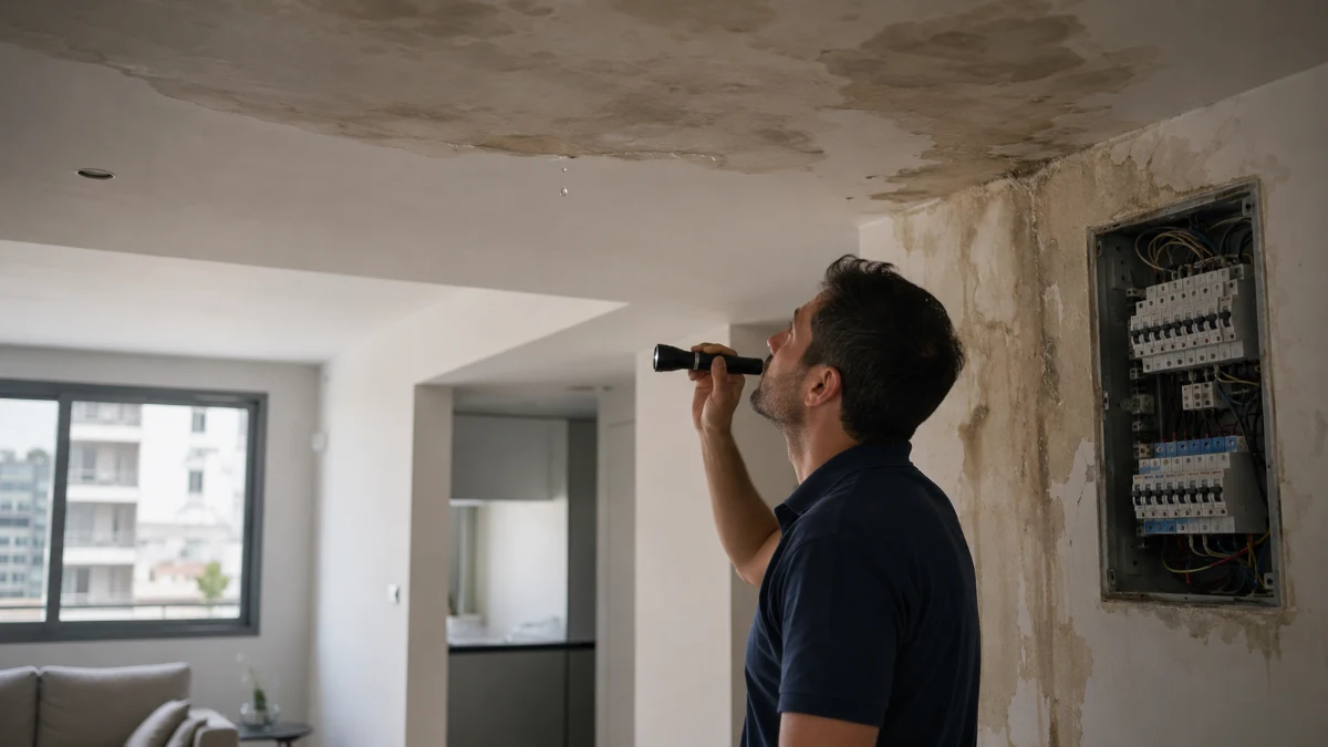 ארון חשמל וקיר שנפגעו מרטיבות בדירת מגורים מתחת לדירה אחרת