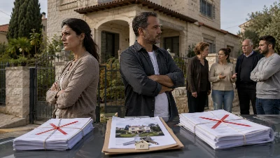 בית מגורים ומסמכי רישום מקרקעין על שולחן, בהמחשה למחלוקת על בעלות ומשכונות