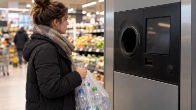 צרכנית ליד מכונה להחזרת בקבוקי משקה בסופרמרקט, כששקית ובה מכלים ריקים מונחת לצדה