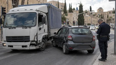 משאית ורכב פרטי סמוך לצומת עירוני לאחר תאונת צד, בהקשר למחלוקת על סטייה בין נתיבים