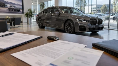 רכב BMW אפור ולצדו מסמכי רכישה ותשלום ללא טקסט קריא