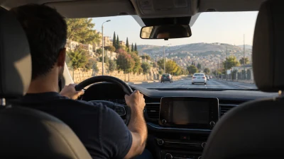 מכונית נוסעת בכביש עירוני בעראבה בשעת אחר הצהריים