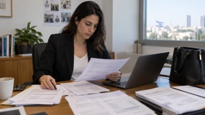 עורכת דין יושבת מול מסמכי העסקה ותלושי שכר ממספר עמותות, על רקע משרד של ארגון חברתי