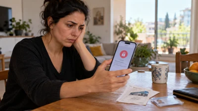 אישה בודקת חשבון בנק חסום בטלפון לצד כרטיס נסיעה בתחבורה ציבורית