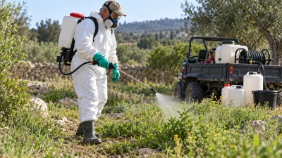 מדביר בשטח פתוח מפעיל ציוד ריסוס כשהוא לבוש באמצעי מיגון, ללא הצגת סימני מחלה