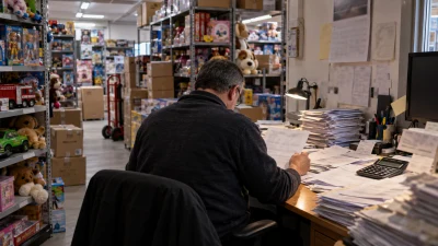 קופה רושמת בחנות צעצועים לצד מסמכי הנהלת חשבונות ודוחות מע"מ