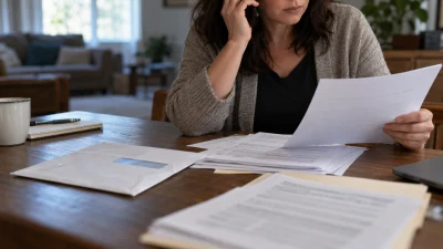 אישה משוחחת בטלפון ולצדה מסמכי פוליסת ביטוח חיים מודפסים