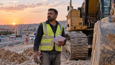 מפעיל מחפר באתר עבודה לצד כלי הנדסי כבד בסיום יום עבודה