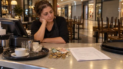 מלצרית בסניף בית קפה מסדרת שולחן לצד קופה ומגש, בסביבה של קניון