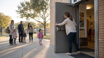 גננת פותחת דלת אש כבדה בכניסה לגן ילדים