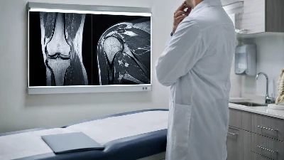 רופא ועדה בוחן תיק רפואי וצילומי ברך וכתף בחדר ישיבות רפואי