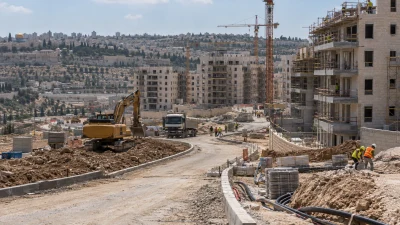 אתר בנייה של בנייני מגורים בשכונת נווה יעקב לצד דרך גישה ועבודות תשתית