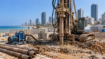 מתקן קידוח באתר בנייה עירוני סמוך לחוף, צינורות ומשאבה ליד בור קידוח, צילום עיתונאי ריאליסטי ללא לוגואים