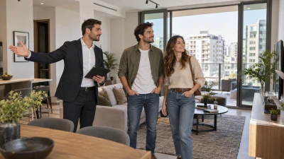 מתווך מציג לשני שוכרים דירה מרוהטת בבניין מגורים במהלך ביקור בנכס