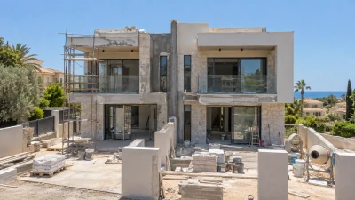 בית דו-משפחתי בקיסריה בשלב גמר טיח במהלך עבודות הבנייה