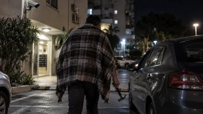 חניון של בניין מגורים עם כמה כלי רכב ומצלמות אבטחה בכניסה, על רקע סכסוך שכנים ועבירות נהיגה