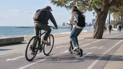 רוכב אופניים ורוכב גלגינוע מתקרבים זה מול זה בשביל אופניים דו-כיווני סמוך לעץ בטיילת חוף גורדון