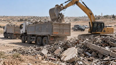 שופל ומשאיות מפנים פסולת ומבני ברזל משטח פתוח בתל שבע במסגרת פעולת פינוי