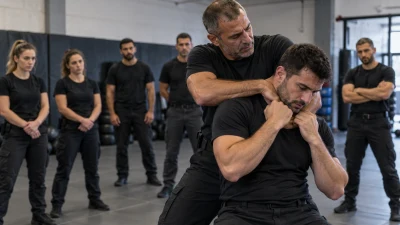 מדריך קרב מגע מדגים תרגיל שחרור מחניקה באולם אימונים של שוטרים