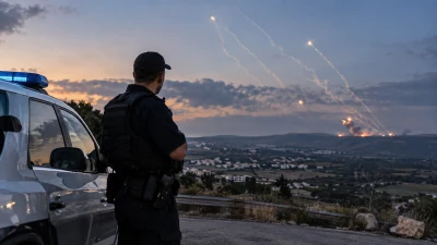 סייר משטרה עומד בשטח פתוח בצפון בזמן התרעות ונפילות מרוחקות, ללא הצגת פגיעה גופנית