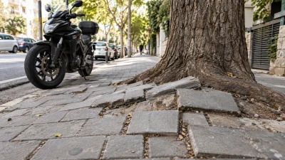 מדרכה עירונית שבה אבני ריצוף מורמות סביב שורשי עץ, ולצדה אופנוע חונה