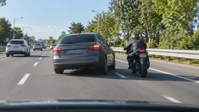רכב פרטי סוטה ימינה לעבר נתיב שבו נוסע אופנוע, בתיעוד מזווית של רכב הנוסע מאחור