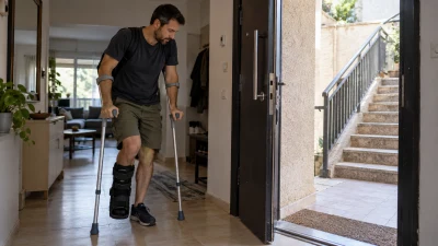 רוכב אופנוע לאחר תאונה לצד אופנוע על הכביש, כשהמוקד הוא פגיעה קשה ברגל