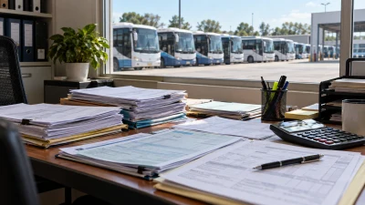 ערימת חשבוניות מס לצד מסמכי דיווח על החזרי בלו ואוטובוסים חונים ברקע
