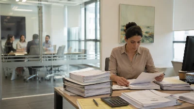 שולחן עבודה משרדי ובו תיקי מכרזים וחוזים לצד מחשב