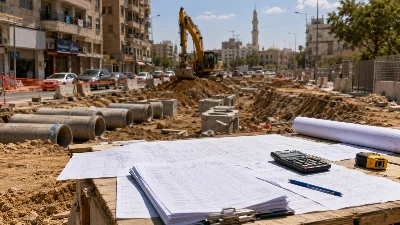 עבודות תשתית ברחוב עירוני ברמלה עם כלי עבודה, חומרי בנייה וקטע כביש בשיפוץ