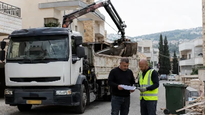 משאית מנוף מפנה פסולת גושית ברחוב באבו סנאן לצד צוות תברואה